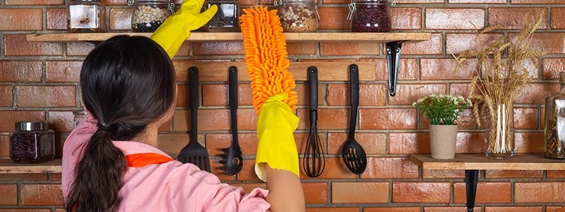 Mujer trabajadora doméstica limpiando estantes con un plumero